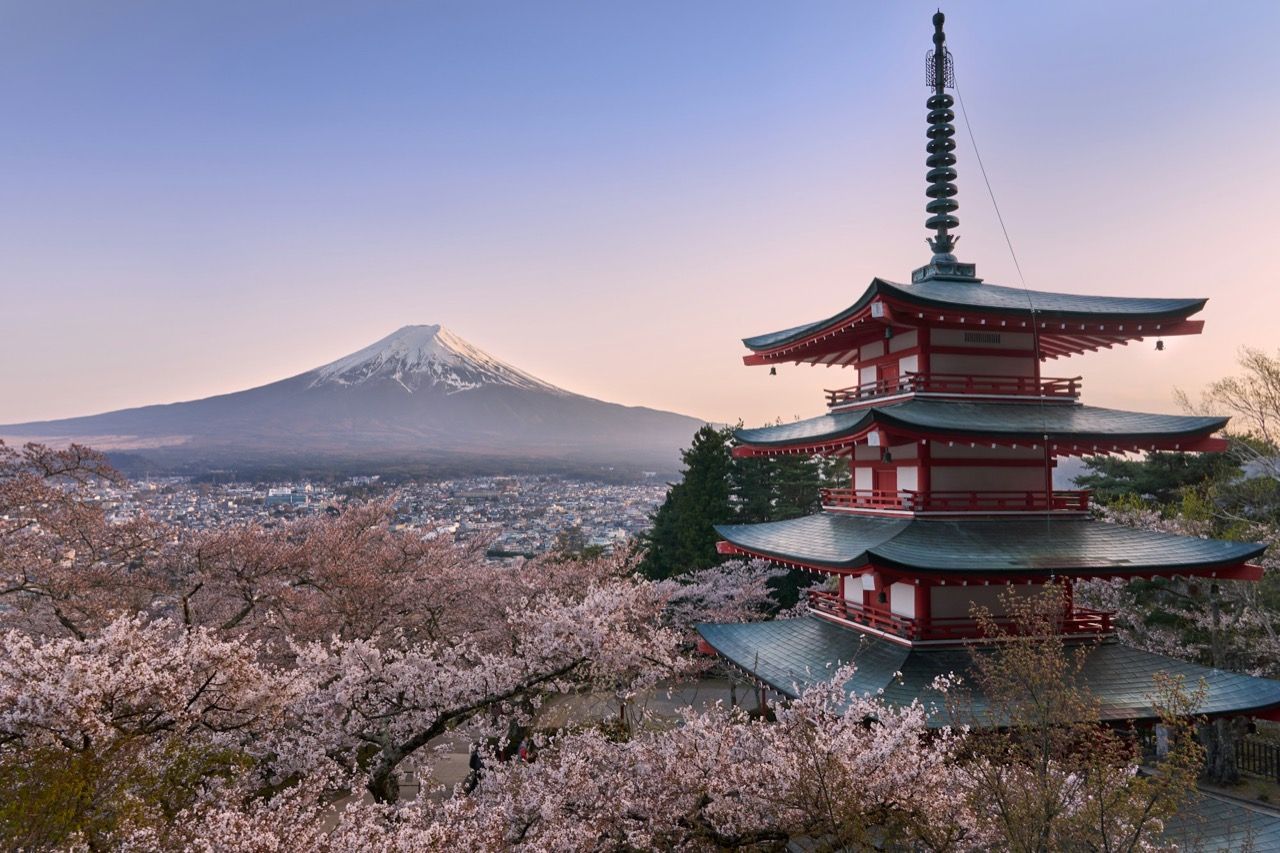 Pagoda Chūreitō con el Monte Fuji y cerezos en flor al amanecer, Japón