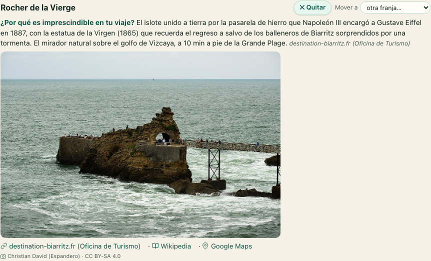 Tarjeta del Rocher de la Vierge (Biarritz) con foto real, el porqué de la visita con su fuente, y enlaces a la web oficial, Wikipedia y Google Maps