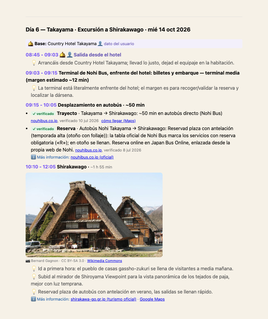 Un día del Diario de viaje de TripReady: excursión a Shirakawago desde Takayama, hora a hora, con el trayecto en autobús verificado (sello ✓ verificado con su fuente) y el hito con foto real